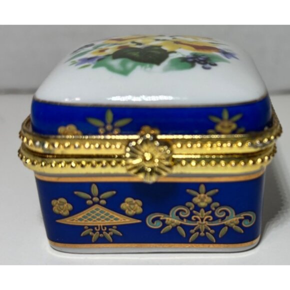 Vintage Blue Gold Porcelain Trinket Box Floral Decorative Small Jewelry Holder - Picture 2 of 6
